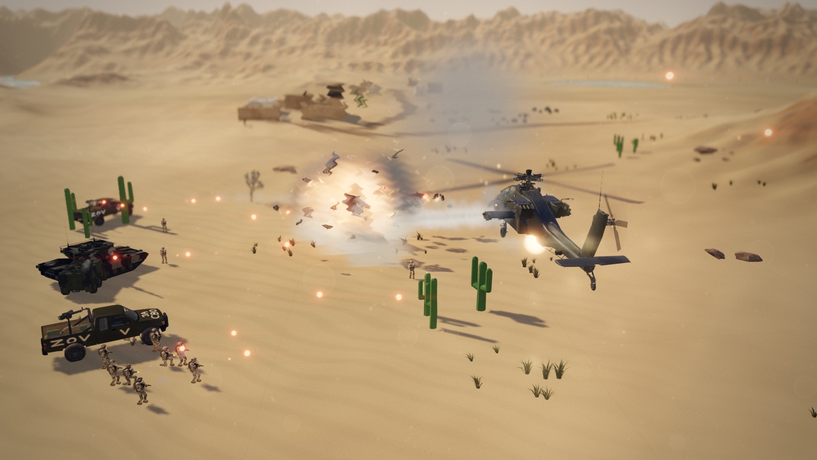 An Apache firing past a burning convoy, technicals and soldiers scattering.