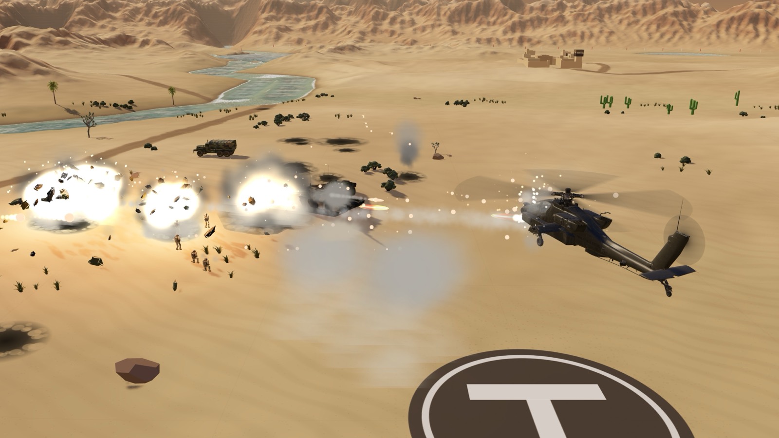 From behind the Apache: a line of explosions on the sand beside the helipad.