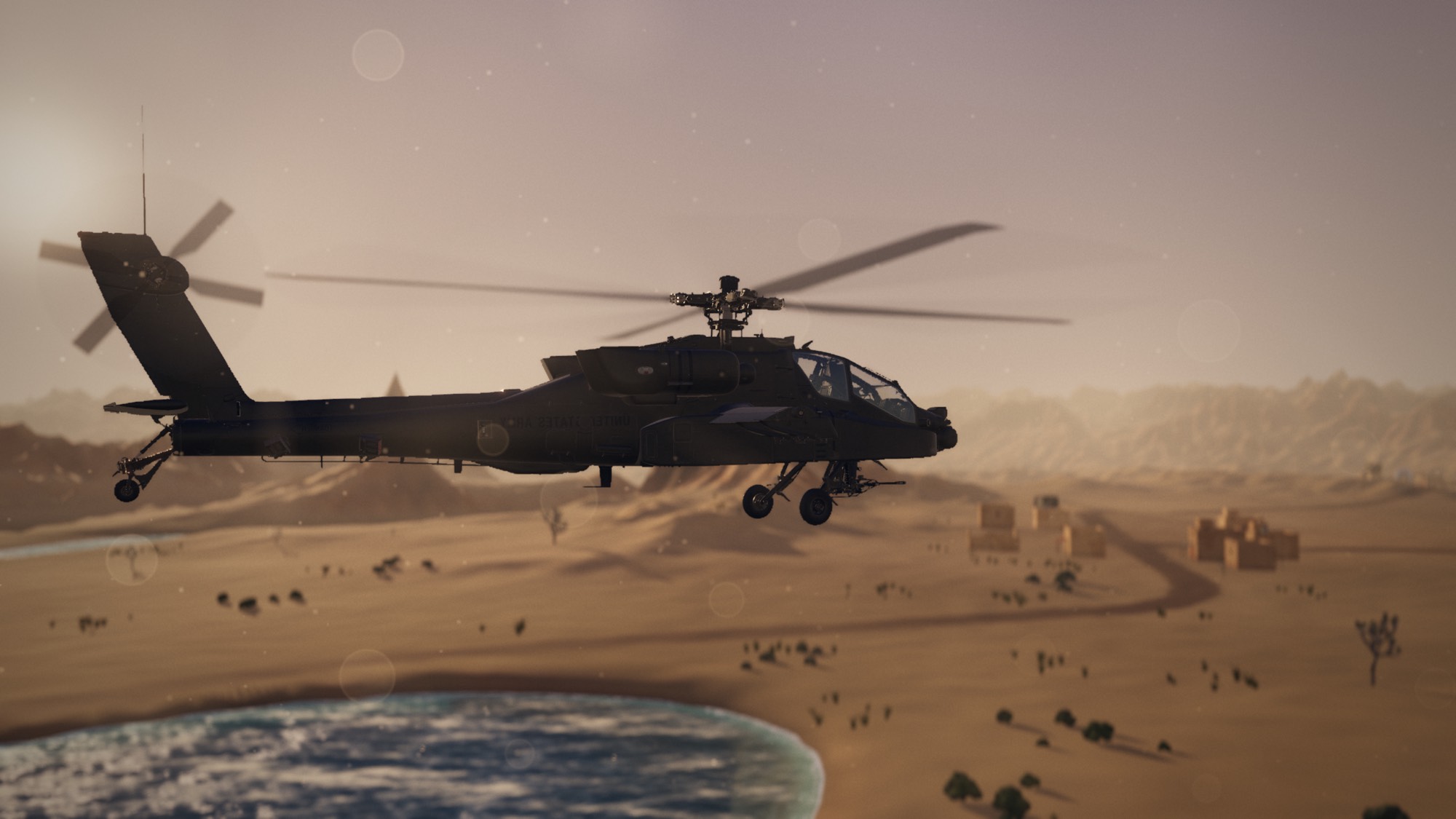 The Apache in silhouette at dusk over a lake and a village.