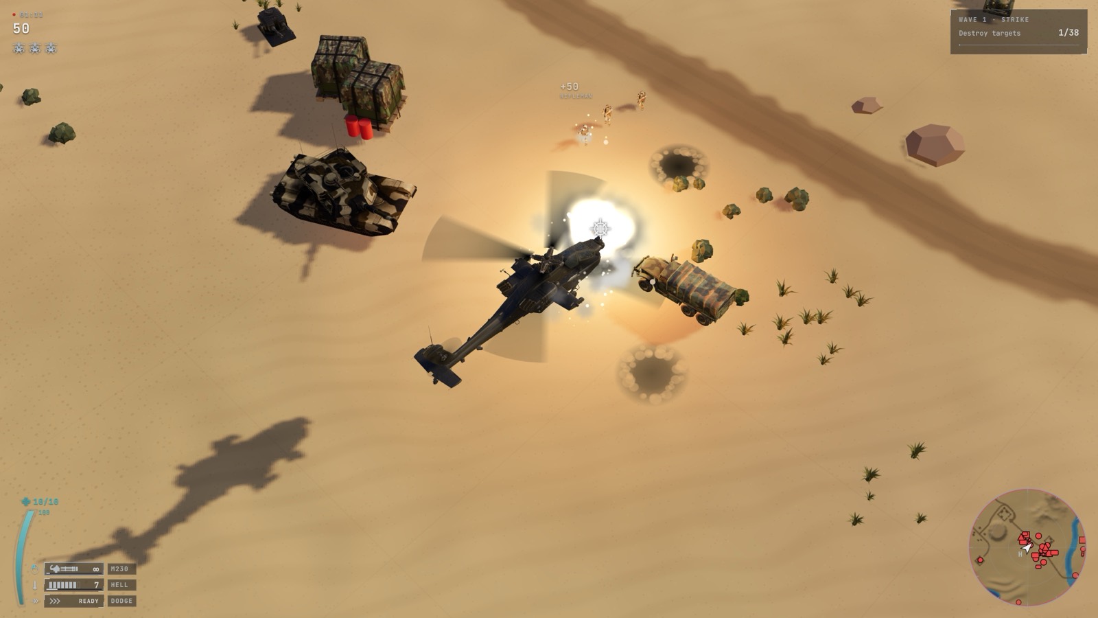 Top-down gameplay with the HUD: health, weapons and minimap, the Apache over supply crates and a tank.