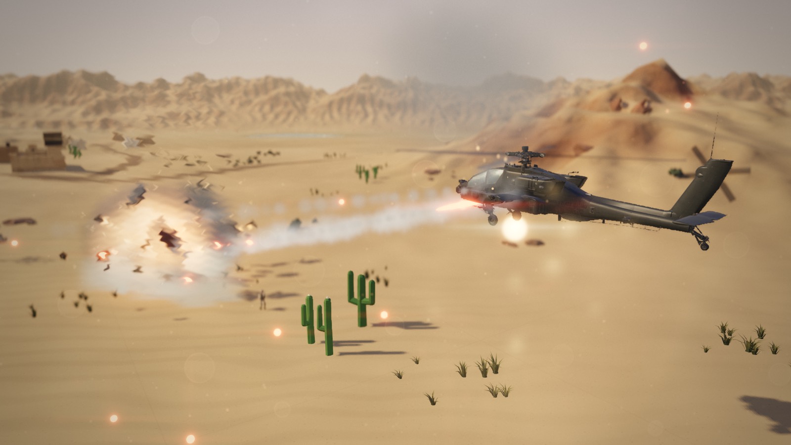 The Apache in profile firing its cannon at a target, cacti in the foreground.
