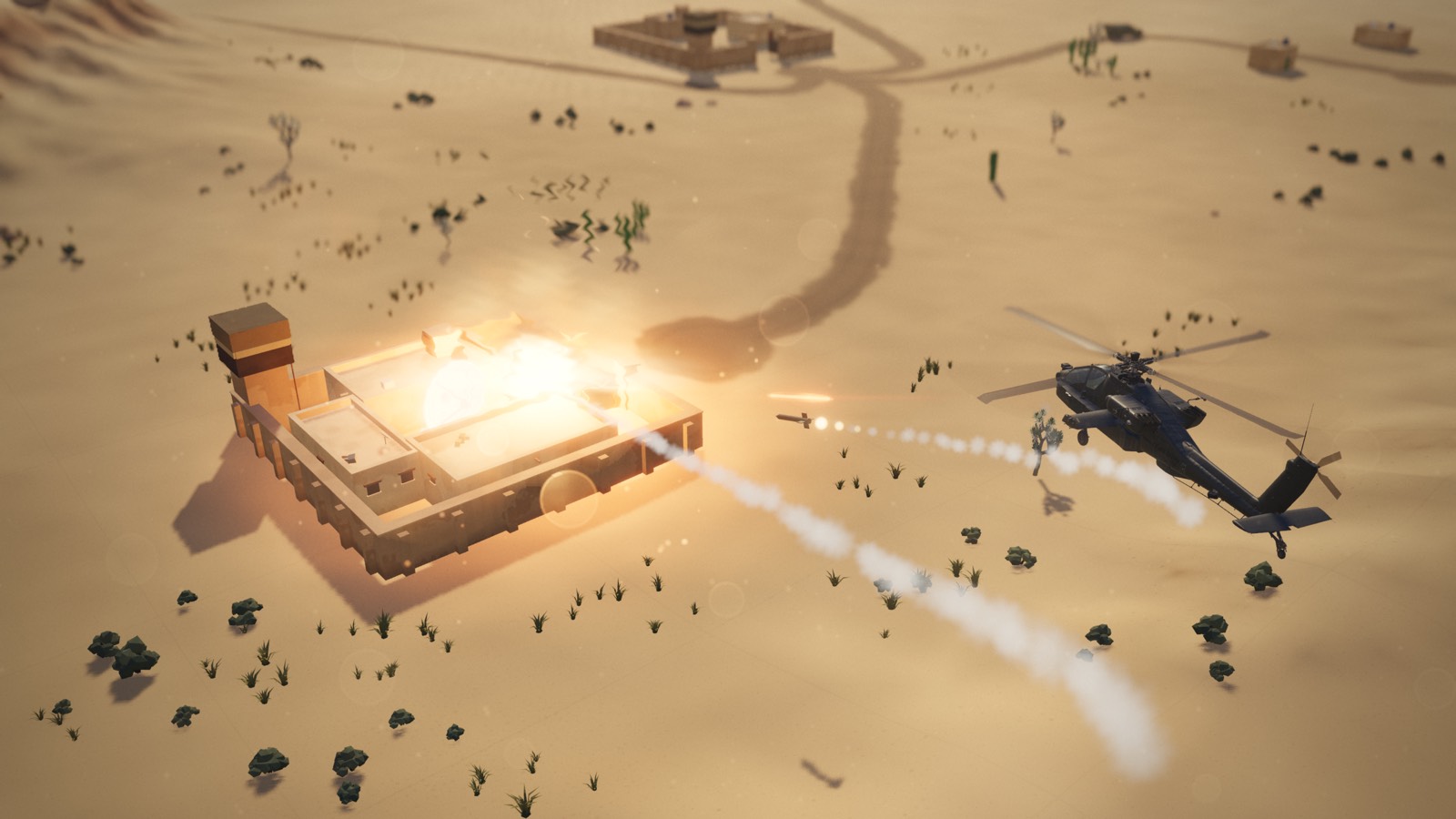 A Hellfire smoke trail ending in a blast on a walled compound.