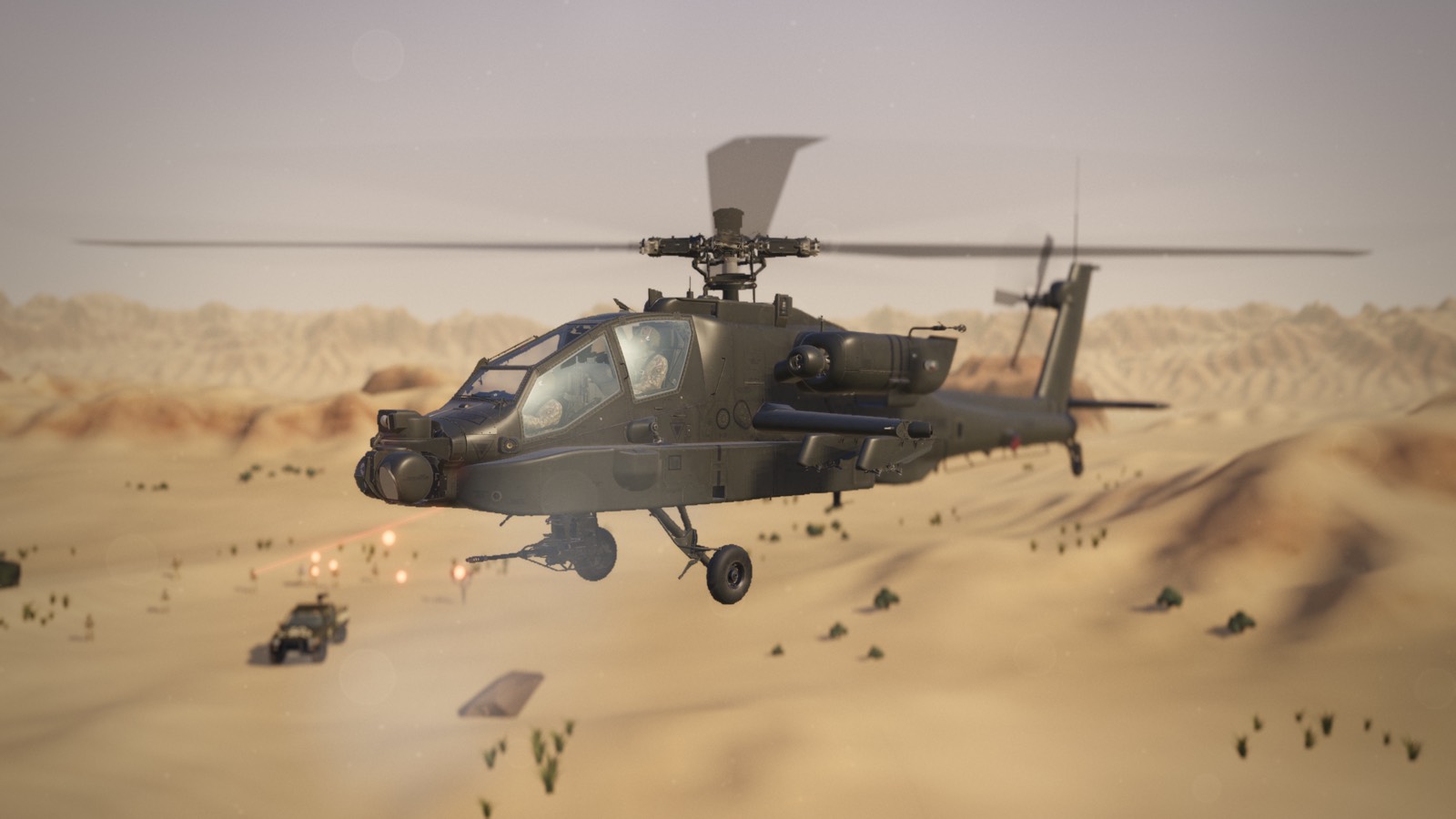 The Apache head-on over dunes, a technical below.