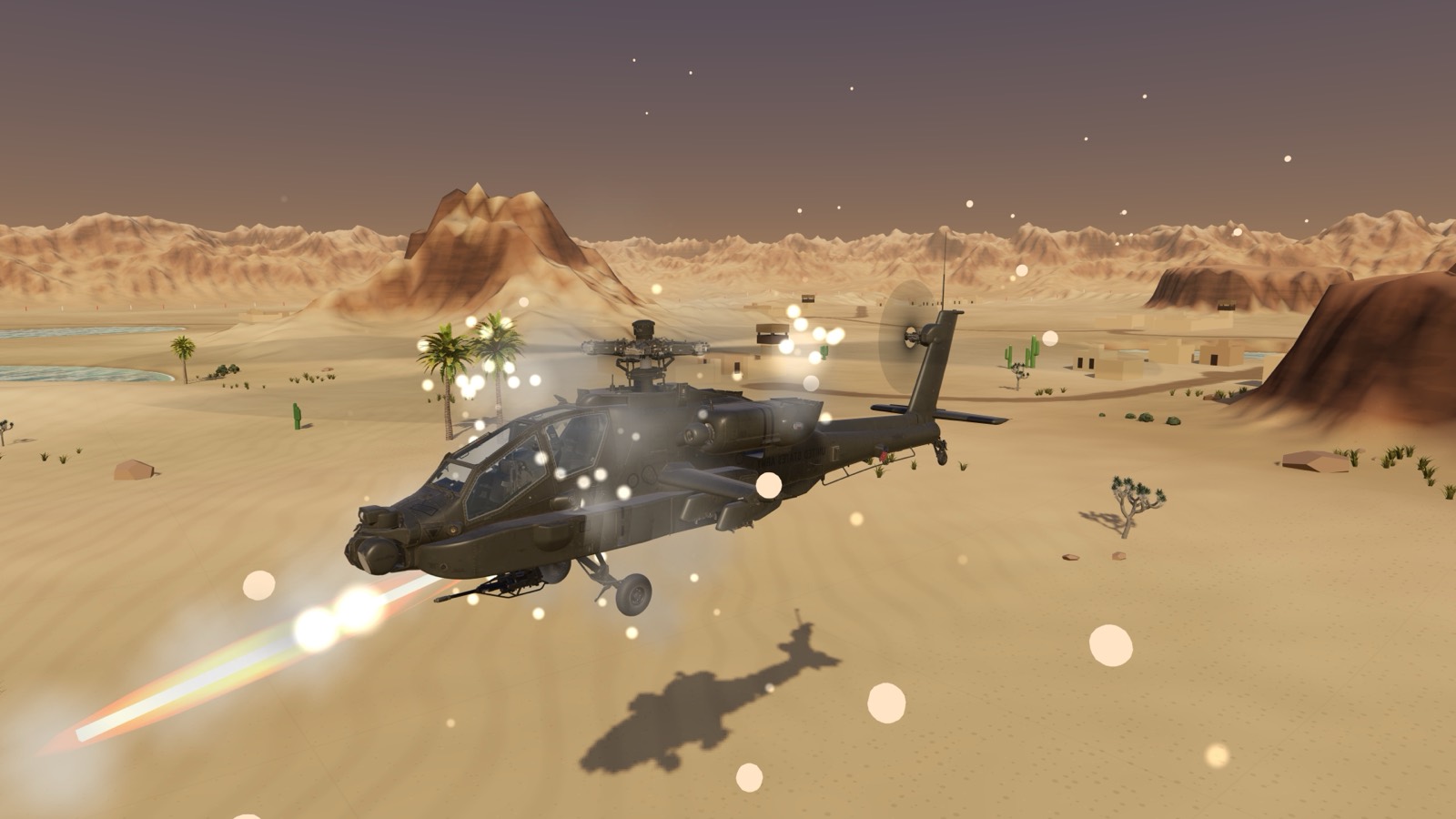 The Apache nose-on, firing rockets, palms and a mountain behind.