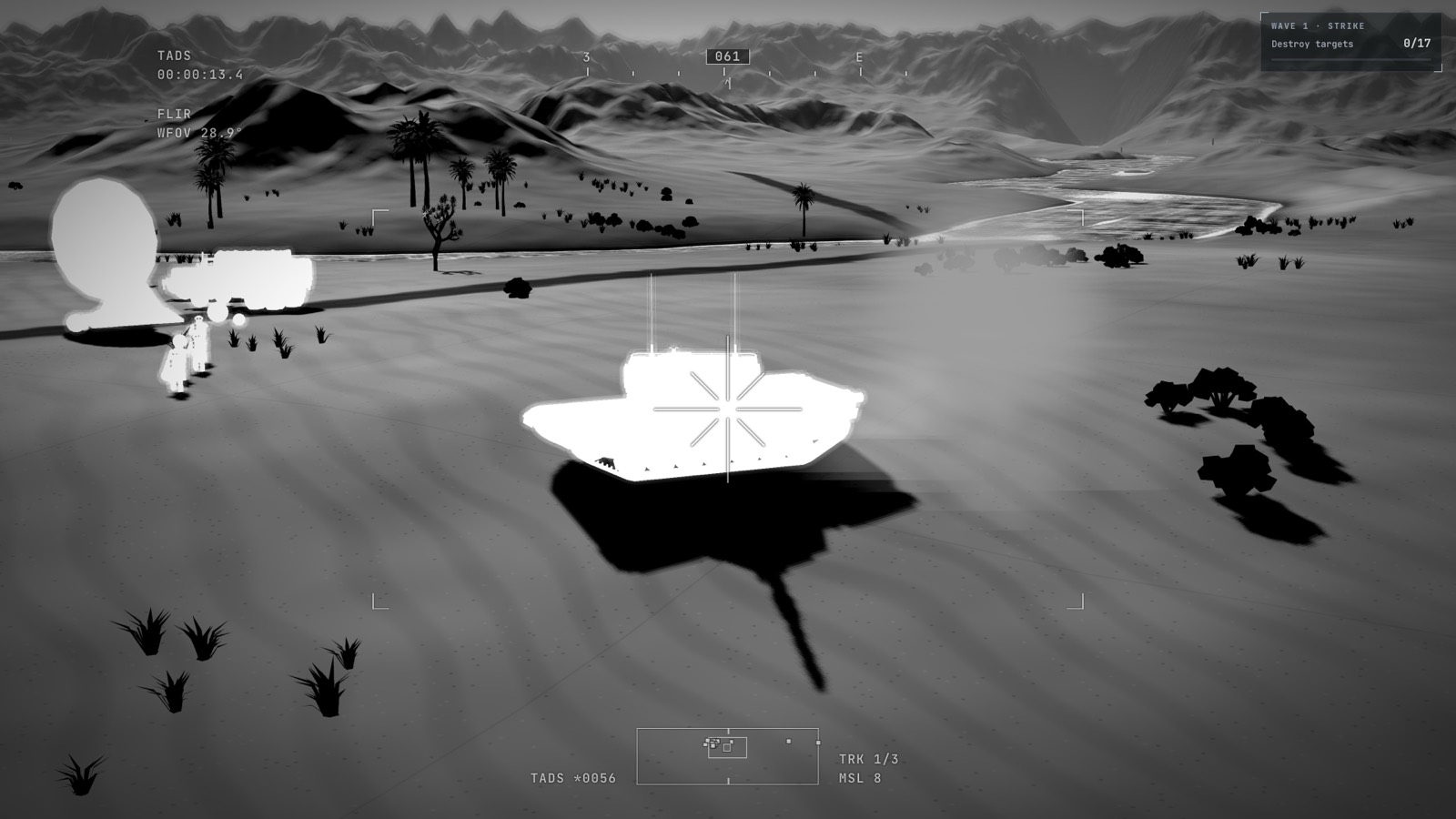 The gunner's sight: a white-hot thermal picture of a tank on a desert plain, a truck and two soldiers to its left.